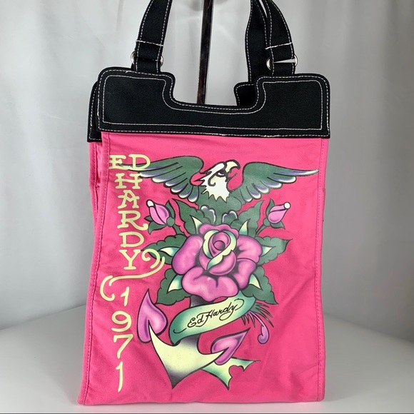 ED HARDY Pink Canvas Screen Printed Design Tote - Picture 8 of 10